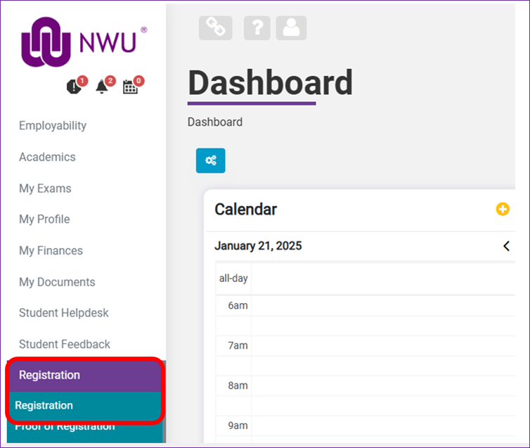 Registration portal navigation in student portal