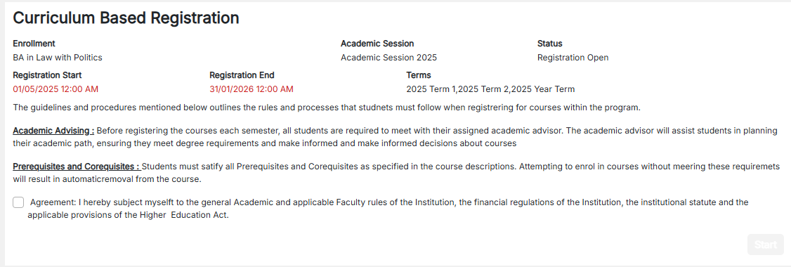 Registration portal navigation in student portal
