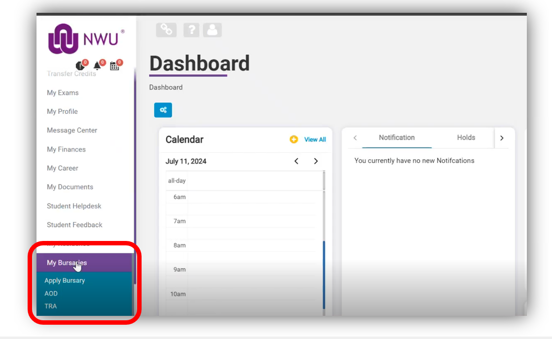 My bursaries navigation on the Student Portal