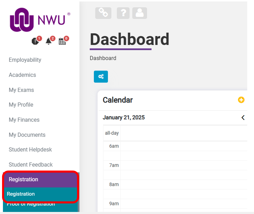 Registration portal navigation in student portal